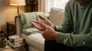 A pair of hands on a sofa, one thumb stroking slowly across the opposite palm in lamplight.
