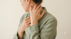 A close photograph of a pair of hands massaging the side of a neck against a plain plastered wall in bright diffuse light.