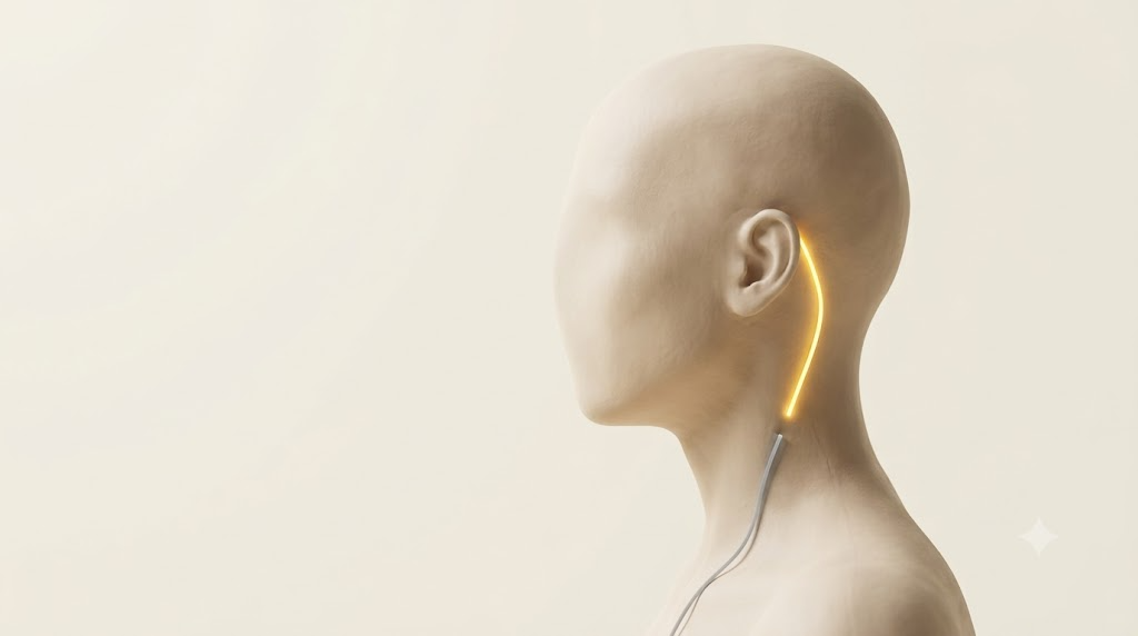 Matte clay head in profile with a glowing vagus nerve line that breaks and dims partway down the neck, indicating nerve damage