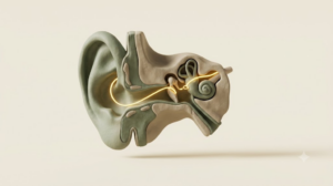 Clay cross-section sculpture of a human ear in sage and putty tones with a single bright golden thread winding through its inner canal.
