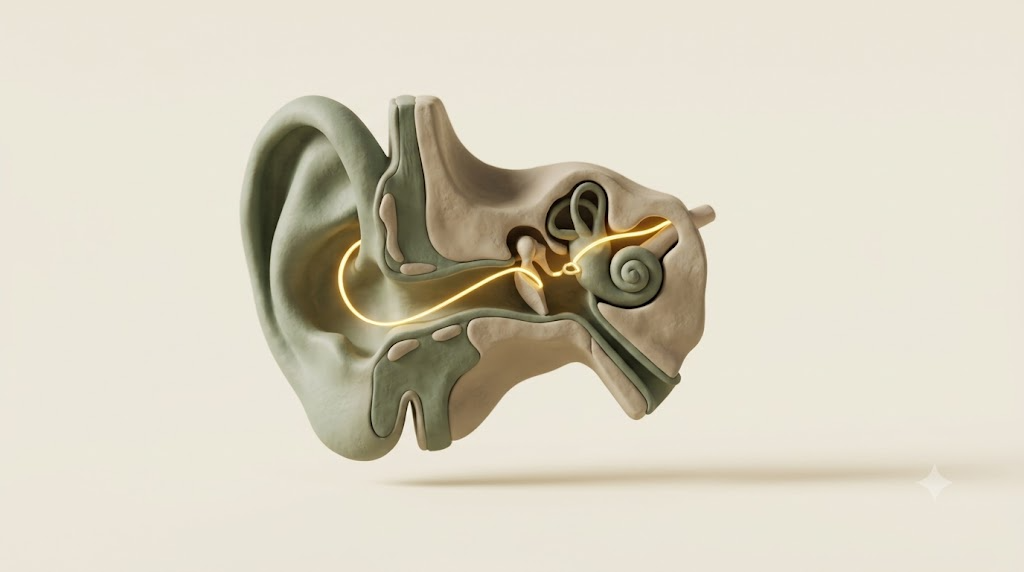 Clay cross-section sculpture of a human ear in sage and putty tones with a single bright golden thread winding through its inner canal.