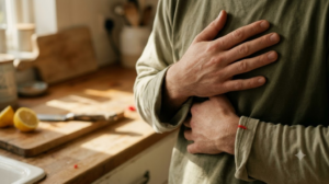 A person humming with one hand resting flat on their chest in a warm room