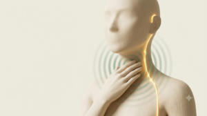 Matte clay figure with a hand at the throat and sage ripples of vibration, a glowing golden vagus nerve line running down the neck into the chest