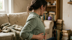 A person breathes out slowly with a hand resting on their belly, seen from behind on a sofa.