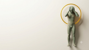A sculpted matte clay human figure holding its head, marked by one bright golden light element.