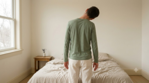A person doing a slow neck stretch, turning their head to one side, photographed in soft natural light.