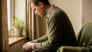 A person seated by a windowsill in soft side light, head lowered, exhaling slowly with shoulders dropping.