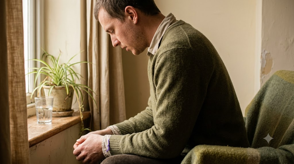 A person seated by a windowsill in soft side light, head lowered, exhaling slowly with shoulders dropping.