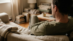 Seen over the shoulder on a sofa, a person rocks gently side to side with their arms folded across their chest.