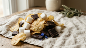 Sugar cubes, potato crisps and squares of dark chocolate piled on a linen cloth on a wooden table.