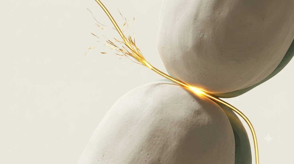 Abstract clay forms pressing together to pinch a glowing golden filament that flares and frays as it passes through