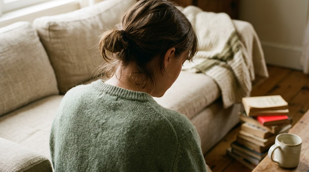 A close photograph from behind of a person humming a low steady note with their shoulders dropped, settled on a sofa.