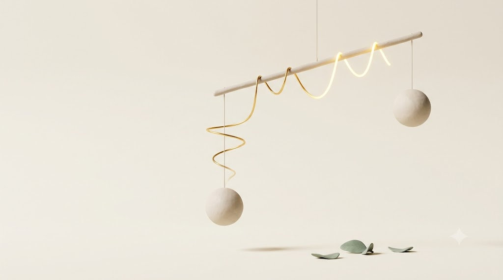 Unbalanced clay mobile with a glowing golden filament that dims toward the dipped low end