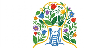 A flat folk-art vector illustration of a human neck with the vagus nerve running through it, framed by stylised flowers on white.