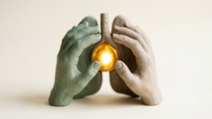 Macro clay hands in sage and putty cupped around lung-like forms, with a luminous golden core glowing between them.