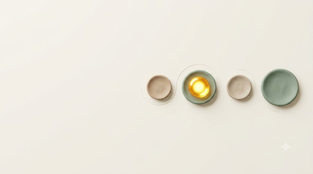 Four clay discs in a curving line marking massage points, one glowing with golden light