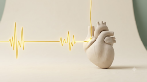 Stylised clay heart touched by a glowing golden nerve filament with an irregular stuttering pulse trace running across the frame