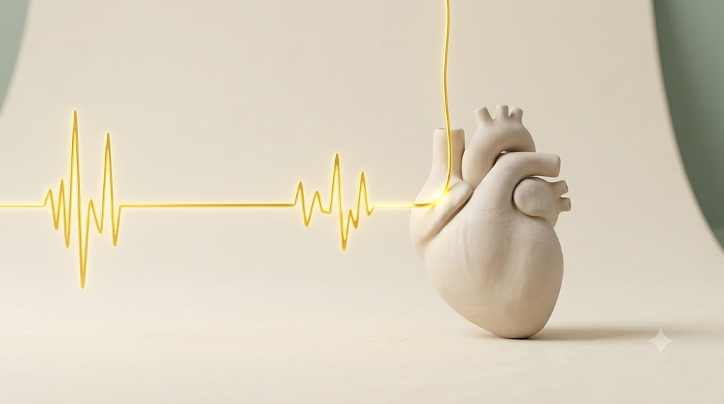 Stylised clay heart touched by a glowing golden nerve filament with an irregular stuttering pulse trace running across the frame
