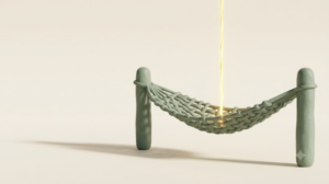 Woven clay sling stretched between two posts with a golden light thread resting in its centre