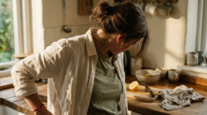 A close photograph from behind of a person rolling their shoulders slowly and letting their head drop forward at a sunlit wooden counter.