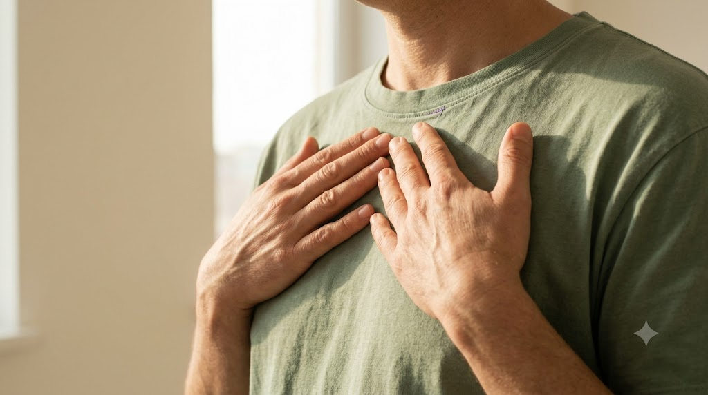 A person in a sage shirt rests both hands on their upper chest while breathing slowly beside a bright window.