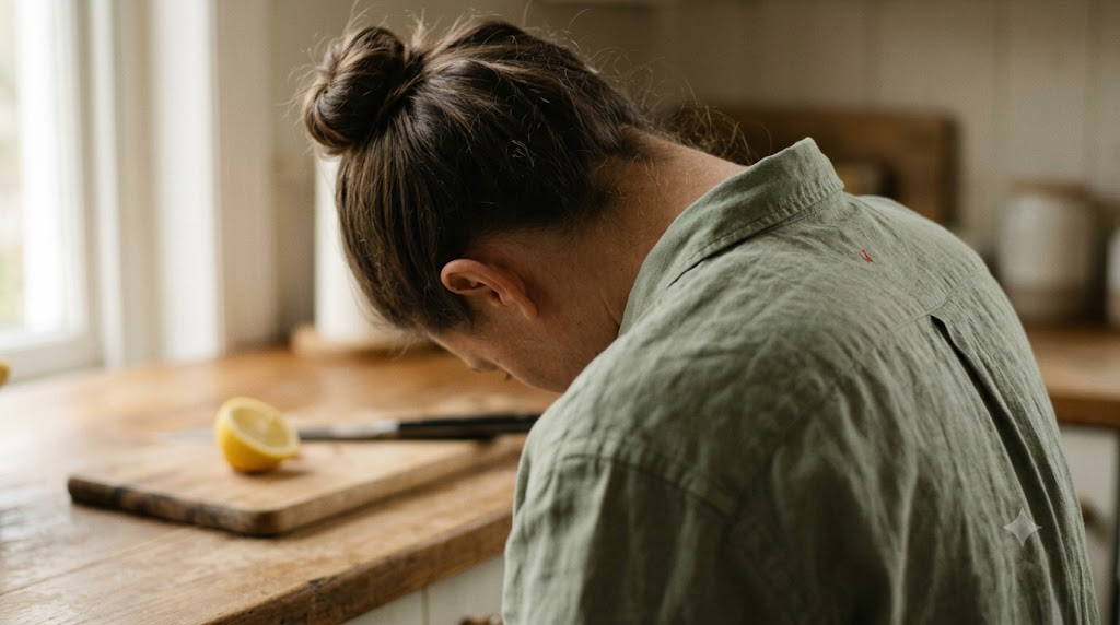 Seen over the shoulder at a kitchen counter, a person tilts their head to one side and holds the stretch in soft window light.
