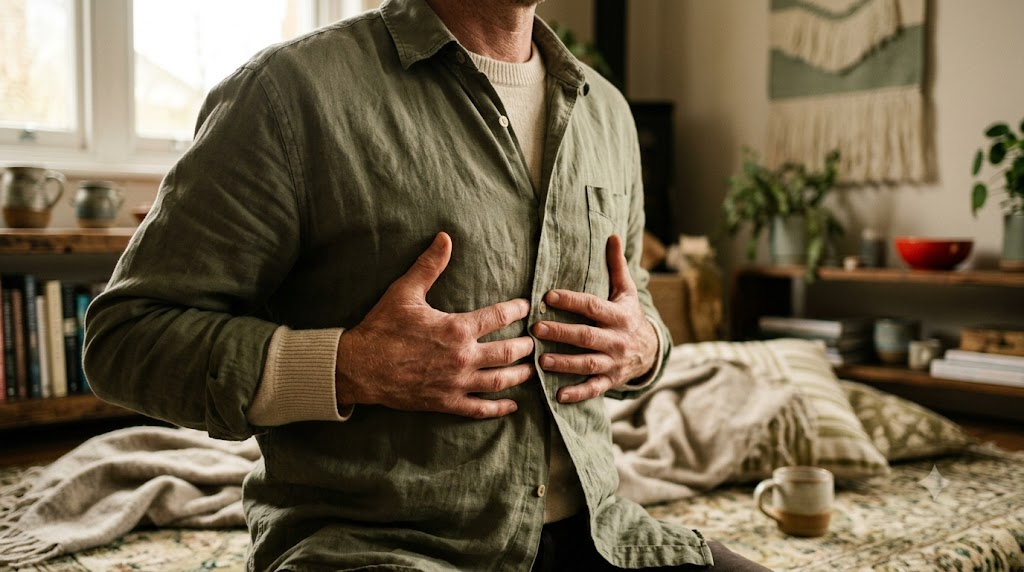 A person breathing out slowly with both hands over their ribs, on a worn rug in soft window light.