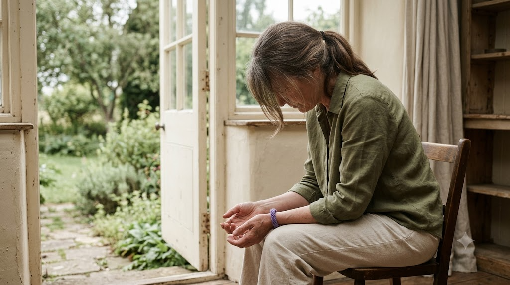A seated person in olive linen with head lowered and hands loose in their lap, in an open doorway.