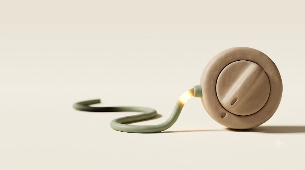 Clay dial turned to its lowest setting with a slack cord whose golden light fades to darkness