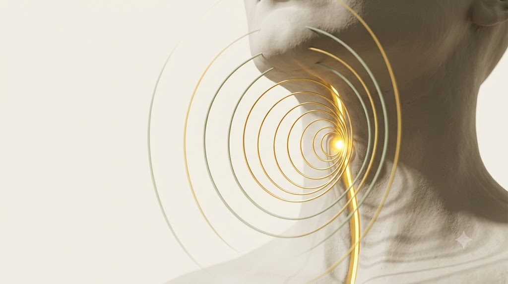 Macro view of a clay throat with a glowing golden filament blooming at the voice box and sound rings expanding outward