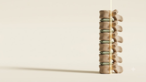 Stacked clay spine column with a golden light thread running down behind it