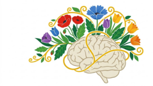 A flat vector folk-art illustration of a human brain on a white background.