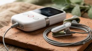 An unbranded white control unit with ear clip electrodes on coiled grey cables resting on an unglazed clay tile.