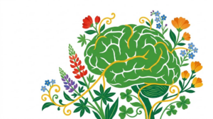 A flat folk-art vector illustration of a human brain with lupins and forget me nots climbing around it.