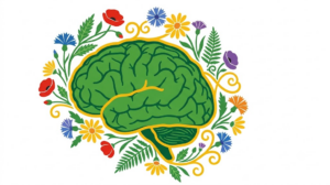 A flat folk-art vector illustration of a human brain decorated with stylised flowers on white.