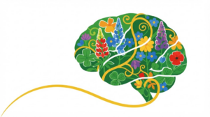 A flat vector folk-art illustration of a human brain with stylised flowers and leaves on a white background.