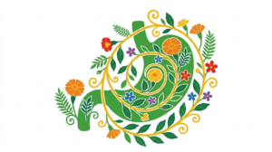 A flat vector folk-art illustration of a human stomach with stylised flowers and leaves on a white background.