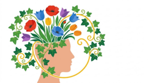 A flat folk-art vector illustration of a human head in profile among stylised flowers and curling vines on a white background.