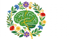 A flat folk-art vector illustration of a human brain encircled by a wreath of stylised cornflowers and daisies.