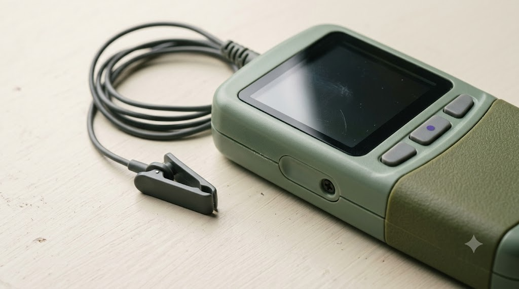 A sage handheld nerve stimulator with an ear clip lead on a cream painted board.