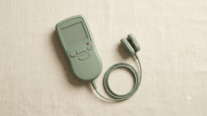 A small handheld nerve stimulator with an ear clip on a thin cable, photographed flat lay on cream linen.