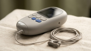 A small pebble-shaped handheld nerve stimulator with an ear clip on a thin cable, resting on slubby linen cloth.