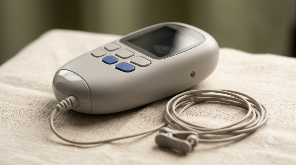 A small pebble-shaped handheld nerve stimulator with an ear clip on a thin cable, resting on slubby linen cloth.