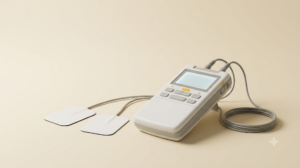A plain TENS unit with two lead wires and adhesive electrode pads, photographed on a plain surface.