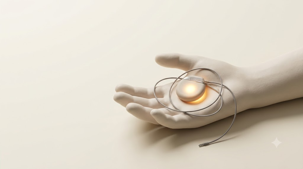 An open clay hand holding a small implantable vagus nerve stimulator that glows with warm golden light