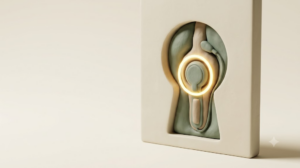 Clay standing slab with a keyhole aperture revealing sage-green forms, ringed by one glowing golden circle of light.