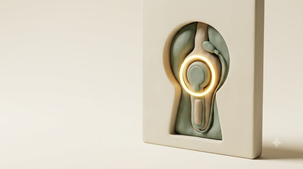 Clay standing slab with a keyhole aperture revealing sage-green forms, ringed by one glowing golden circle of light.