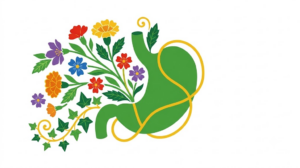 A flat folk-art vector illustration of a human stomach framed by stylised flowers and curling vines on a white background.