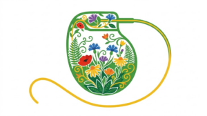 A flat folk-art vector illustration of a small implanted nerve stimulator with a curling lead wire, framed by stylised flowers and vines on white.