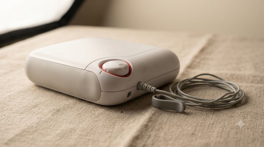 A small handheld nerve stimulator with a rounded dial and a thin wire running to an ear clip, resting on a plain linen surface.
